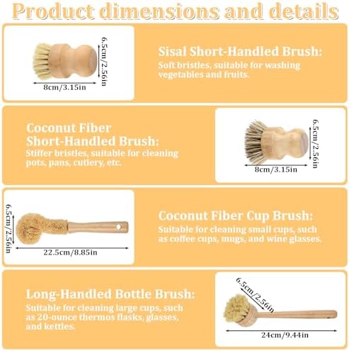 9 Pcs Bamboo Dish Brush Set Wooden Dish Brush with Sisal and Palm Fiber Natural Wooden Kitchen Brushs Practical Dishs Cleaning Brushs Sets for Pots Pans Bottle Sink Vegetables Household Cleaning - Image 2