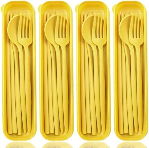 ELANE 4 Sets Reusable Travel Utensils Set with Case,Camping Cutlery Set Reusable Cutlery Set with Case,Utensil Sets for Lunch Picnic Daily Use Outdoor (yellow) by ELANE