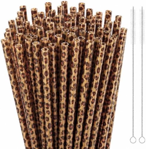 50 Pcs Reusable Leopard Print Plastic Drinking Straws with Cleaning Brush by Unknown
