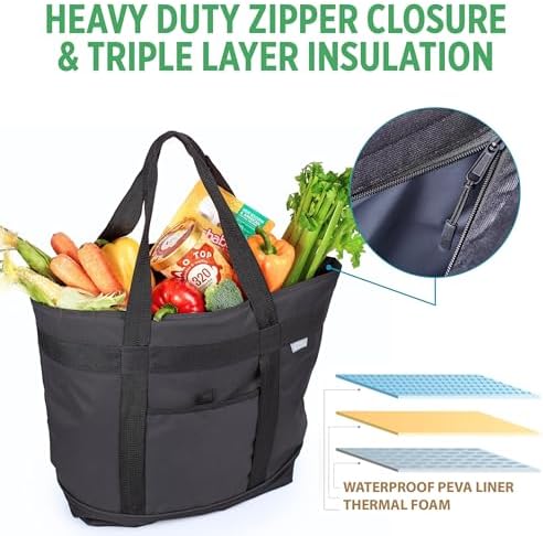 Jumbo Insulated Cooler Bag - Heavy Duty Soft Insulated Grocery Bag (Black) - Image 4