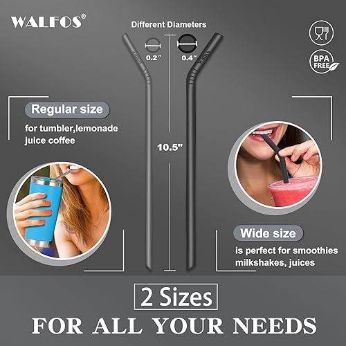 Walfos Silicone Straws - Reusable straws Bendy straws for Smoothies/20 & 30 oz Tumblers, BPA Free. 2 Size (3pcs Wide S + 3 pcs Regular + 2 Cleaning Brushes） - Image 3