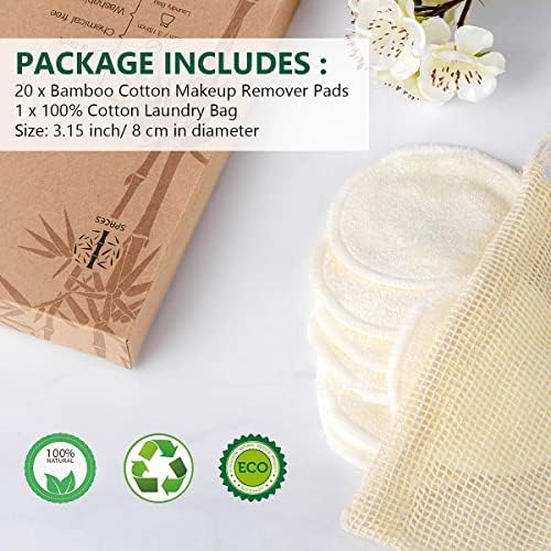 20 Packs Organic Reusable Makeup Remover Pads, Washable Bamboo Cotton Rounds for All Skin Types with Cotton Laundry Bag - Image 2