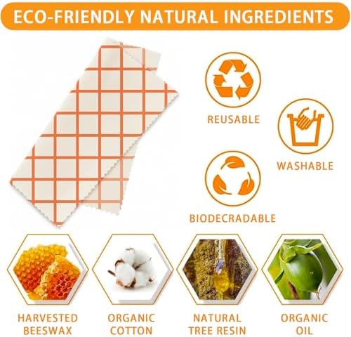 Reusable Beeswax Wraps, Orange Chevron Grid Gingham Wraps, 9 Pack Eco-Friendly Food Storage, Organic, Sustainable, Zero Waste, Plastic-Free, Sandwich, Snack, Bowl Cover, 1XL, 3M, 5S - Image 3