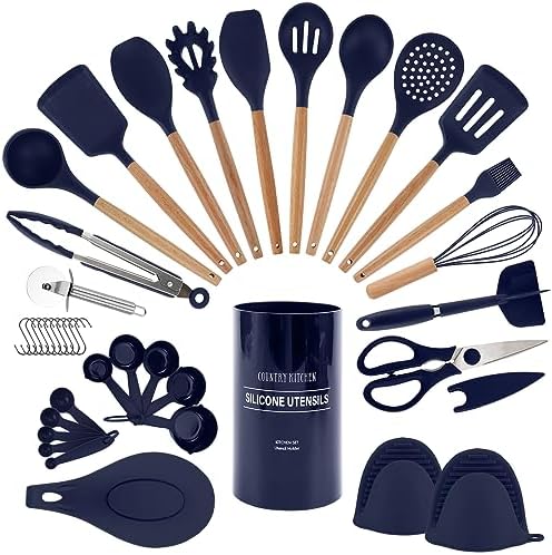 Country Kitchen Non Stick Silicone Utensil Set with Rounded Wood Handles for Cooking and Baking, 38 Piece Set, Navy by CountryKitchen