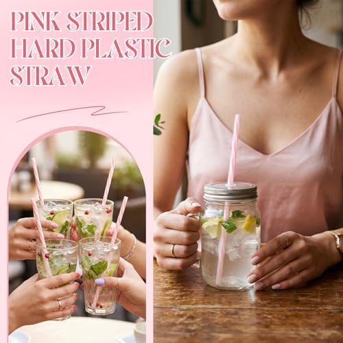 Honeydak 100 Pcs Reusable Plastic Straws Bulk,Pink and White Stripe - Image 6