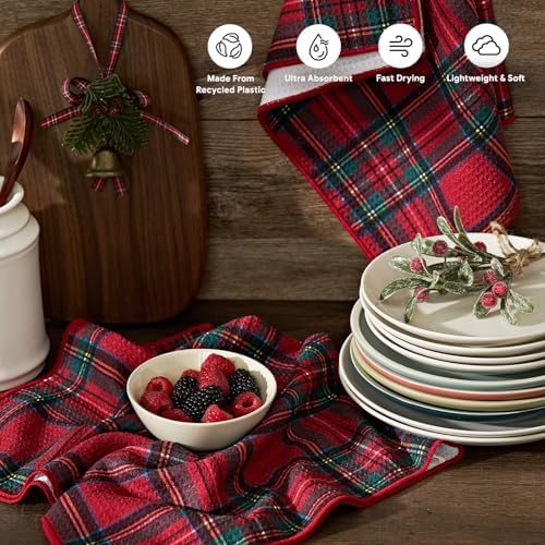 RECYCO Christmas Waffle Kitchen Towel Set of 2 - Quick Dry Microfiber Sustainable Dish Towels - Ultra Absorbent Reusable Cleaning Tea Towels - Lightweight Hand Towels,16”x 28”, Stewart Plaid Red - Image 2