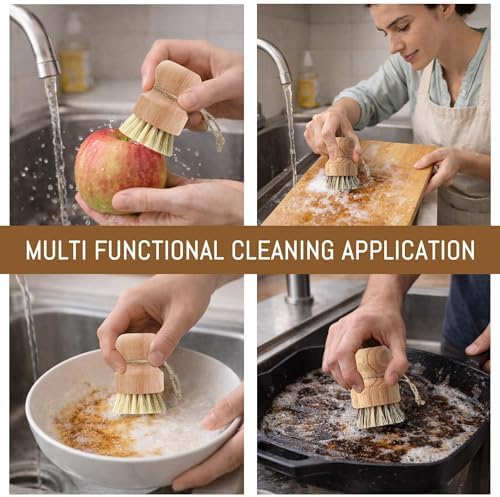 12 Pcs Bamboo Dish Brush Set, Palm Wooden and Sisal Bristles Dish Scrubber, Dish Brushes with Lanyard, Durable Wood Dishes Scrub, Natural Round Vegetable Cleaning Pots Pans Sink Washing Kitchen Brush - Image 5