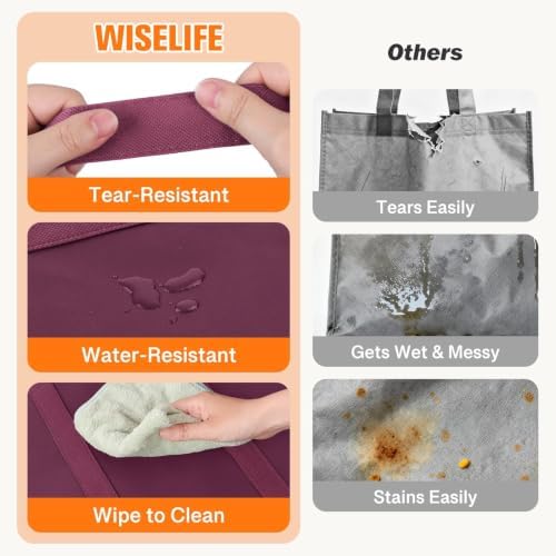 WISELIFE Reusable Grocery Bags, Foldable, Lasting Use, 35L, 4 Pack, Claret - Image 2