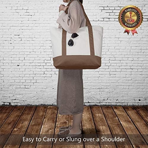 TOPDesign 6-Pack Canvas Tote Bags with an External Pocket, Reusable Grocery Shopping Bags, Top Zipper Closure, Daily Essentials (Brown/Natural) - Image 2