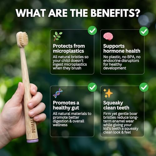 PRIMALS Kids Boar Bristle & Bamboo Toothbrush (4-Pack) - Healthy Boar Bristles - Zero Microplastics - Fully Biodegradable - Quick Dry Design - Image 4