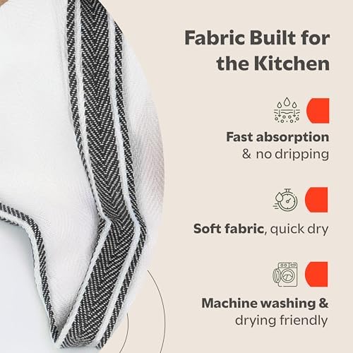 Zeppoli Classic Kitchen Towels - 15 Pack 100% Natural Cotton Kitchen Towel Set, Reusable Wash Cloths, Absorbent Dish Towels, Machine Washable Hand Towels, Kitchen Essentials, 14” x 25”, Black Striped - Image 4