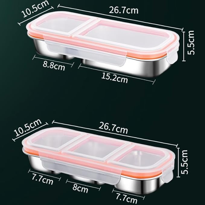 Stainless Steel Snack Containers,2Pack Reusable Double/2 Compartment Snack Containers with Lids, Divided Food Storage Containers Sauce Cups for School, Travel,Home(Double Compartment)