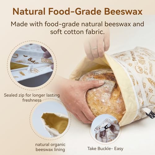Bread Bag for Homemade Bread - 2 Packs XL Reusable Organic Beeswax Natural Cotton Sourdough Bag, Homesteading Essentials Sourdough Bags with Sealing Zip to Keep Fresh(13×17 Inches) - Image 4
