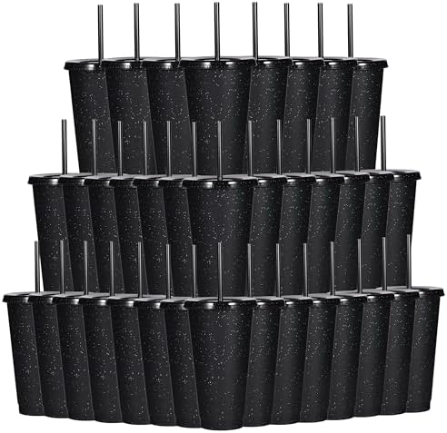 Suertestarry Tumbler with Straw and Lid,Water Bottle Iced Coffee Travel Mug Cup,Reusable Plastic Cups,Perfect for Parties,Birthdays… (Black Glitter, 36 pack) by Suertestarry