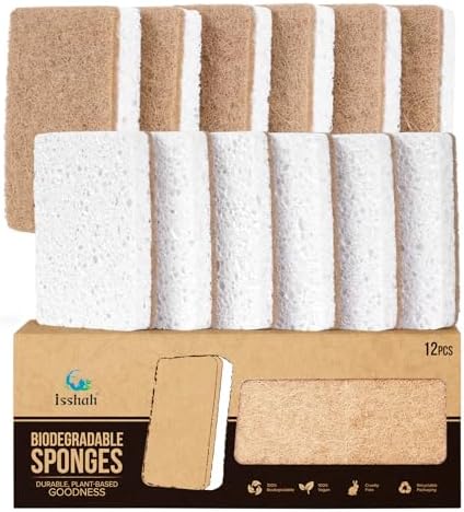Isshah Plant-Based Kitchen Sponges - FSC Certified and PETA Approved, Natural, Eco-Friendly, Biodegradable Sisal Hemp Sponges for Dishes, Cleaning Sponge for Kitchen, Bathroom, Household - 12 Count by Isshah