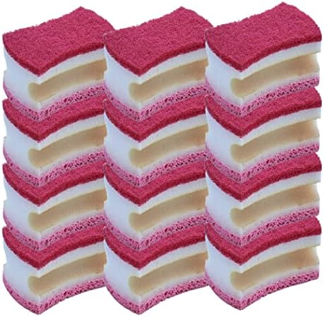 Non-Scratch Scrub Sponge with A Comfortable Grip, Heavy Duty Duel Sided Kitchen Scrubber Sponge Cellulose Scrub Sponge, Scratch Free, with Scouring Pad Set, 12 Sponges,Red/Pink by Superio
