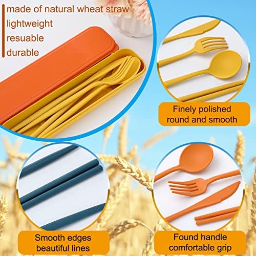 12 Sets Reusable Travel Utensils Set with Case (Knife, Fork, Spoon, Chopsticks), Wheat Straw Portable Plastic Camping Cutlery, Lunch Tableware for Kids Adults Daily Use, Gifts for Office Christmas - Image 3