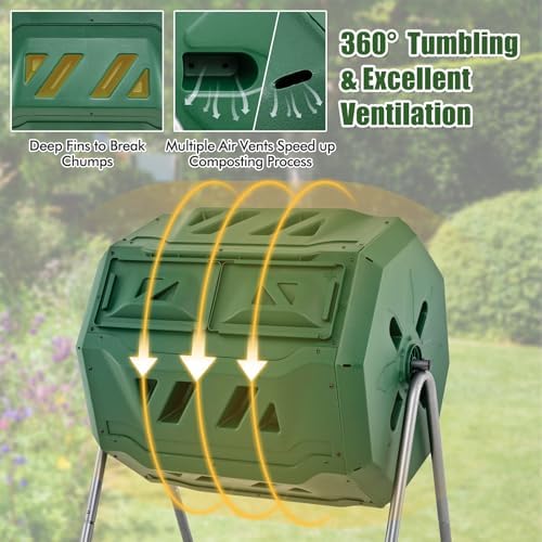 Goplus Compost Tumbler, 43 Gallon Rotating Compost Bin Barrel, Dual Chamber Tumbling Composter with Sliding Door, Gloves, Aeration System for Outdoor, Garden, Yard - Image 3