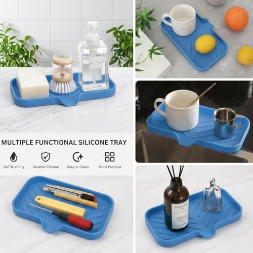 MicoYang Silicone Soap Dish with Drain Spout — Self-Draining Sink Organizer Tray for Bathroom & Kitchen, Sponges, Dispensers & Soap Holder, Non-Slip & Dishwasher Safe, Lichen Blue (Medium, 9.6"×5.3") - Image 6