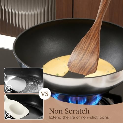 Kikcoin 10 PCS Durable Natural Teak Wooden Cooking Utensil Set, Non Toxic Wooden Spoons for Cooking, Wooden Utensil Set for Cooking with Comfort Grip, Nonstick & Easy to Clean Wood Kitchen Utensil Set - Image 3