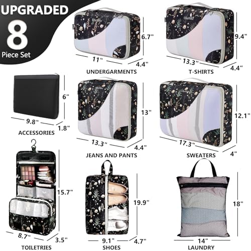 OlarHike Packing Cubes for Travel,Gifts for Women Mom,Anti-Tearing Suitcase Organizer for Luggage with Shoe & Hanging Toiletry Bag,Vacation Essentials & Accessories for Cruise Ship,8 Set,Black Flower - Image 2