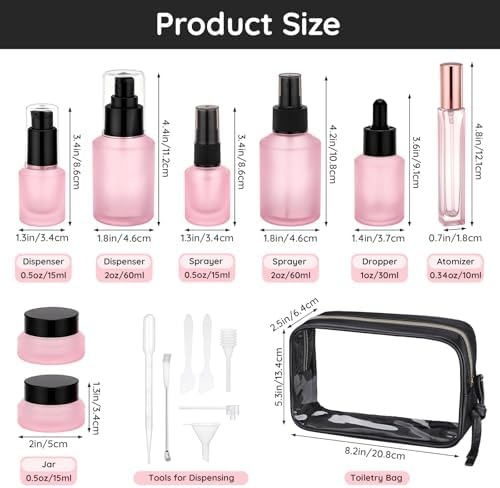 Segbeauty 8pcs Pink Travel Size Containers Set with Clear Toilet Bag, Small Travel Essentials Toiletires Skincare Containers Frosted Glass Spray Lotion Bottles, Dropper Bottle Empty Cream Jar with Lid - Image 3
