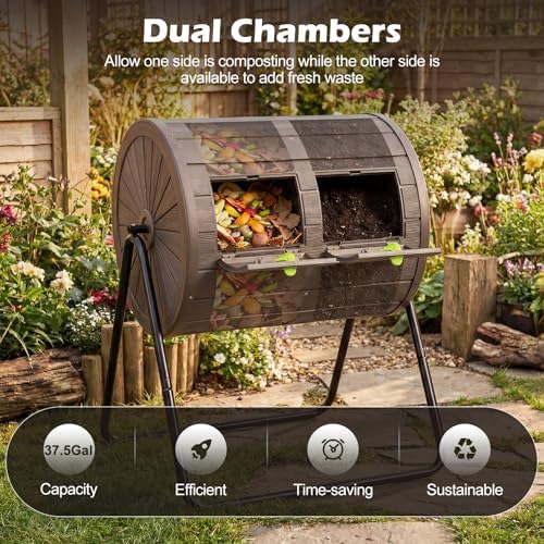 Goplus Compost Tumbler, 37.5 Gallon Large Outdoor Compost Bin w/Dual Chambers, 2 Lockable Doors, Efficient 360° Rotating Batch Composter for Garden Yard Farm Waste, Easy Assembly, BPA-Free (Coffee) - Image 3