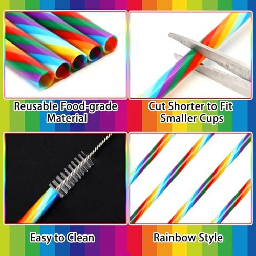 JANYUN 30 Pieces Rainbow Drinking Straws, 9inch Hard Platic Reusable Straws LGBT Gay Pride Colorful Rainbow Striped Straw for Pride Party Favors Decorations with Cleaning Brush - Image 3