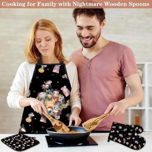Night Christmas Gifts,Magic Pattern Wooden Cooking Spoons with Apron Oven Mitt Potholder-Halloween Kitchen Decor Cooking Utensils 9pcs,Night Gift for Fans,Women,Mother's Day,Housewarming - Image 4
