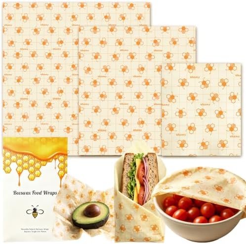 3 Pack Beeswax Wraps for Food - Small Medium Large Bees Wax Wraps Reusable Organic Beeswax Paper Food Wraps, Plastic Free Food Storage Wrap for Bread, Sandwich, Bowl Covers, Eco Friendly, Zero Waste by UhomyHomeDecorative