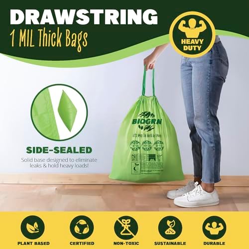10-13 Gallon Compostable Trash Bags Drawstring 30 Bags Heavy Duty Extra Thick 1 Mil 49.21 Liter Biodegradable Trash Bags Compost Bags Green for Kitchen ASTM D6400 US BPI and OK Compost Home Certified - Image 3
