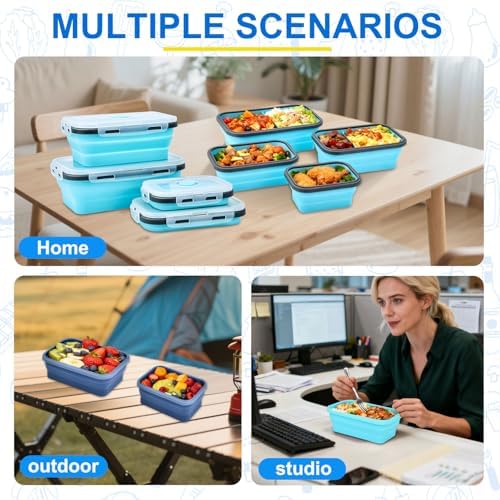 Collapsible Silicone Food Storage Containers 4 Set Airtight Leak Proof Food Containers with Lids Meal Prep for Microwave Freezer Dishwasher for Kitchen Camping Office Sky Blue - Image 5