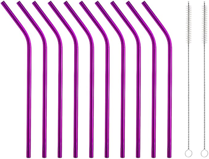10 Pcs Stainless Steel Straws, Reusable Drinking Straws, Bent Metal Straw Sets with 2 Pcs Cleaning Brushes (Rose Red, 8.5 Inch)