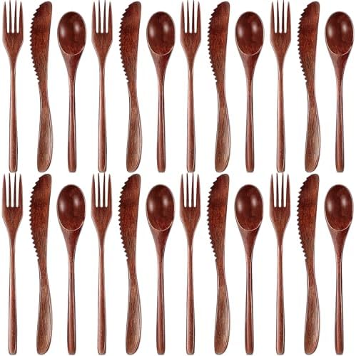 Wooden Utensils for Eating 24 Pcs Wooden Cutlery Set Reusable Cooking Travel Wooden Spoons Forks Lunch Utensils Silverware Set for Lunch Portable Wood Flatware Set for Eating by Busnos