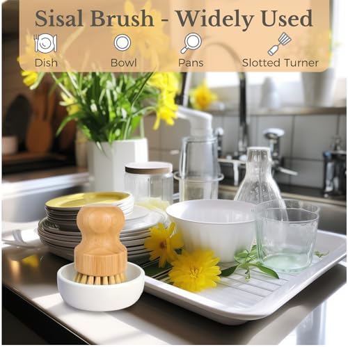 Bamboo Dish Scrub Brush for Kitchen Sink, Natural Wooden Washing Dish Brush Scrubber, Sisal Bristles Brush for Household Cleaning Cast Iron Brush Pots(Ceramic Dish+ 4P Sisal) - Image 6