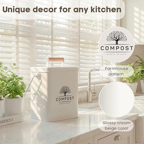 PERFNIQUE Kitchen Compost Bin, 1.7 Gallon Countertop Compost Bin with Lid, Indoor Compost Bin Includes 2 Carbon Filters, Small Compost Bucket, Food Waste Bin for Kitchen with Trash Bags (Cream White) - Image 4