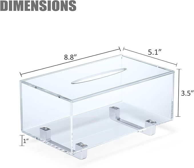 YoBa Thick Acrylic Tissue Box Holder Rectangular Tissue Box Dispenser with Silver Plated Aluminum Legs for Bathroom, Kitchen, Bedroom, Office, Hotels and Restaurant (Rectangle, Clear (Silver Legs))