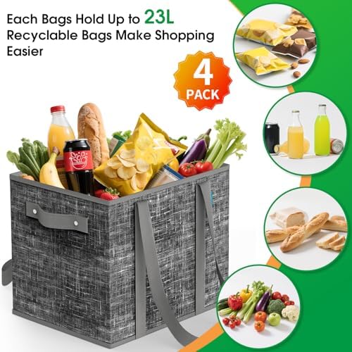Fab totes Reusable Grocery Bags, Large Foldable Shopping Tote Bags with Reinforced Handles & Hard Bottom,4 Pack,Black - Image 4