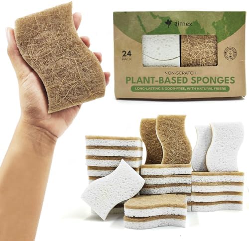 AIRNEX Natural Kitchen Sponges (24 Pack) - Biodegradable Cellulose & Coconut Scrubber Dish Sponges for Kitchen - Eco-Friendly, Non Scratch, Compostable, Non Toxic S-Shaped Natural Sponges for Dishes by Airnex