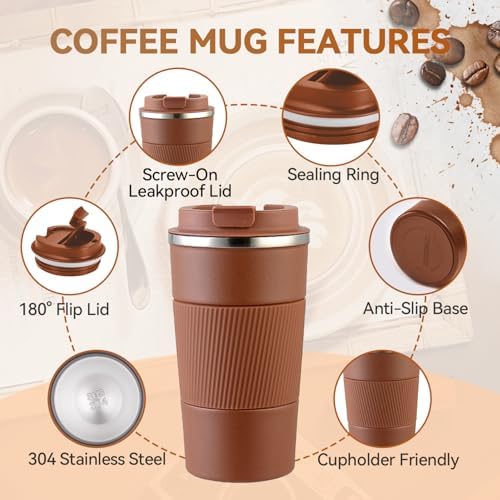 12OZ Travel Coffee Mug Insulated Coffee Cup with Spill Leak Proof Lid, Portable Stainless Steel Tumbler Reusable Hot and Cold Water Mug for Car, Daily, Camping- Coffee - Image 5