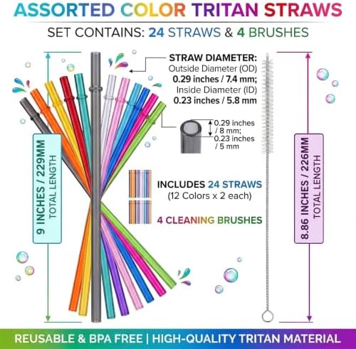 24 Pack Reusable Plastic Straws with 4 Brushes, 9" Tritan Hard Straws - Image 2