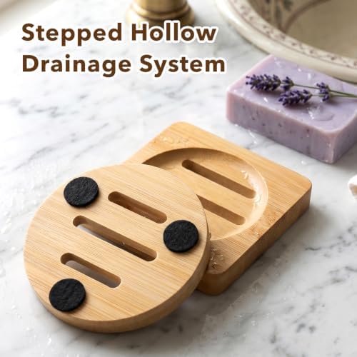 2 Pcs Bamboo Soap Holder, Wood Soap Dish (Round and Square) - Image 3