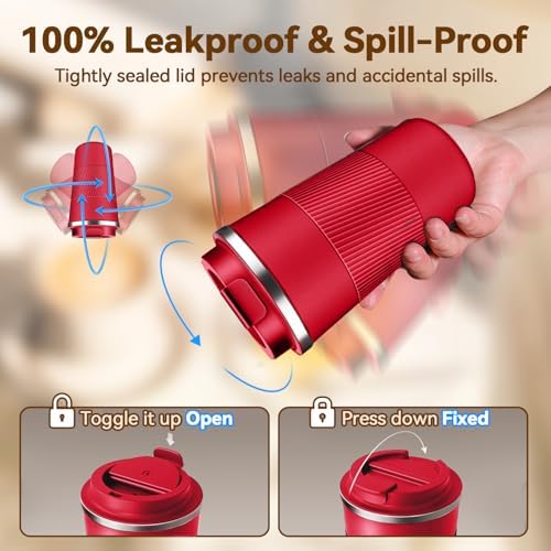 12OZ Travel Coffee Mug Insulated Coffee Cup with Spill Leak Proof Lid, Portable Stainless Steel Tumbler Reusable Hot and Cold Water Mug for Car, Daily, Camping- Red - Image 5