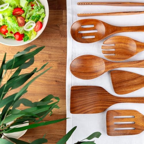Zulay Kitchen Teak Wood Utensil Set – 7 Piece Wooden Cooking Utensils – Slotted Spoon, Bowl Scraper, Solid & Slotted Turner, Salad Spoon, Fork & Tongs – Durable, Nonstick Safe & Smooth Finish - Image 2