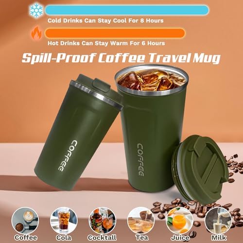 SPLMIFA Travel coffee mugs leak-proof, reusable coffee cups with lids, stainless steel vacuum insulated coffee tumblers, thermal insulation cups for men & women keep drinks hot & cold(2nd-Green, 12OZ) - Image 2