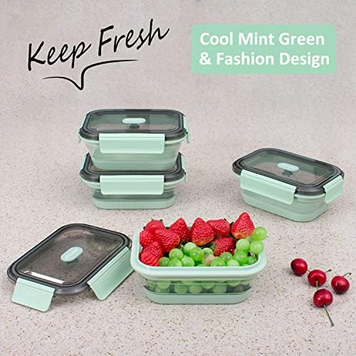 Collapsible Food Storage Containers with Lid & Air Vent, Clear Stacking Silicone Collapsible Food Container Set, Microwave Freezer Dishwasher Safe Space-Saver, Set of 4, Mint Green - Image 2