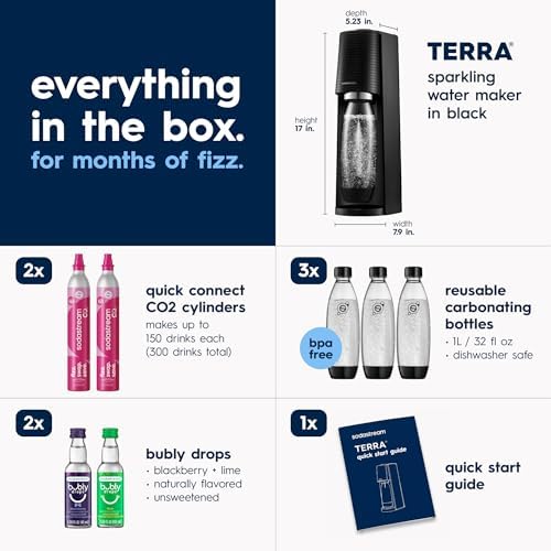 SodaStream TERRA Sparkling Water Maker, Value Bundle, CQC CO2 System, Includes 2 Quick Connect 60L CO2 Cylinders, 3 Dishwasher Safe BPA Free Bottles, 2 bubly Flavor Drops, Make your own Pepsi, Black - Image 2