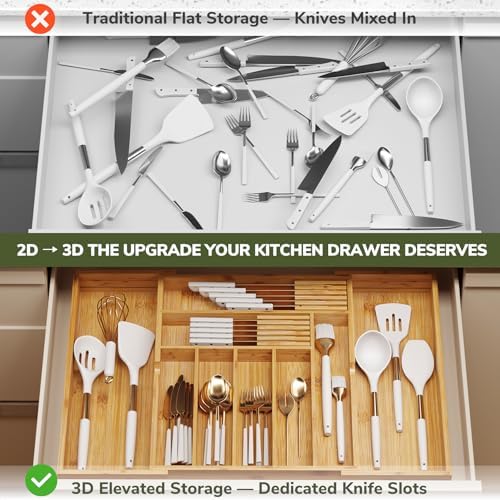 BAMEOS Bamboo Drawer Organizer Expandable Kitchen Silverware Organizer with 7-9 Deep Compartments, Bamboo Reinforced Cutlery Tray, Adjustable Utensil Holder for Kitchen(16.1"-22.4" Wide, Natural) - Image 6