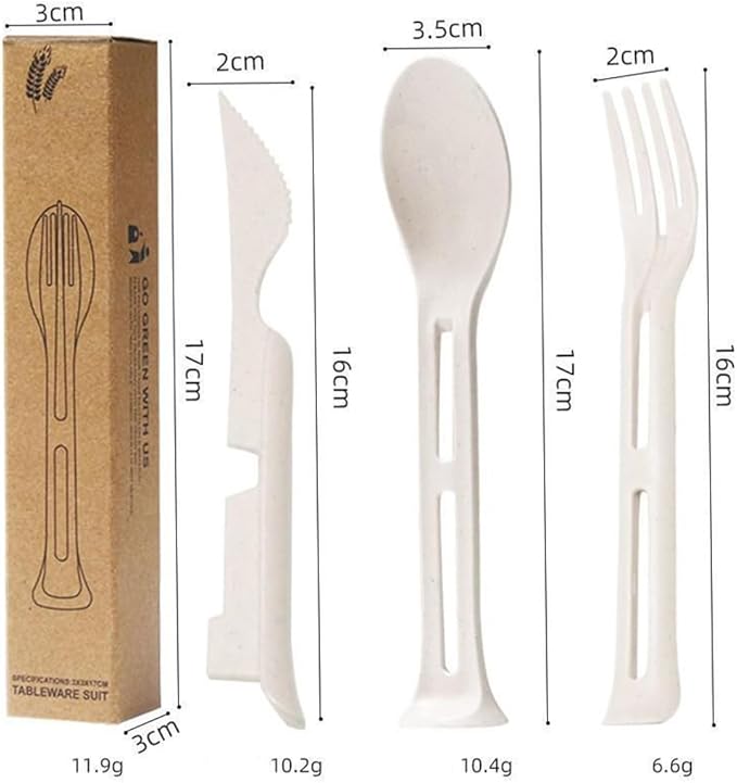 3PCS Wheat Straw Cutlery, Reusable Utensils Set Portable Travel 3 in 1 Spoon Fork Knife Tableware, Eco-Friendly, BPA Free, Flatware for Kids Adults, Travel Picnic Camping (Beige)