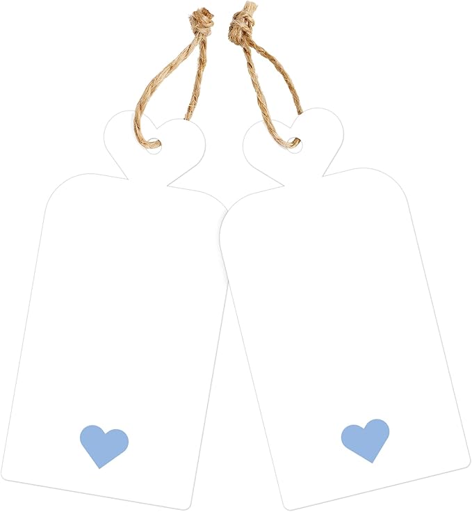 joycraft 100Pcs Gift Tags with String, 4x2 in White Gift Wrapping Tags with Blue Heart, Blank Party Favor Labels for Birthday, Baby Shower, Wedding, Bridal Shower